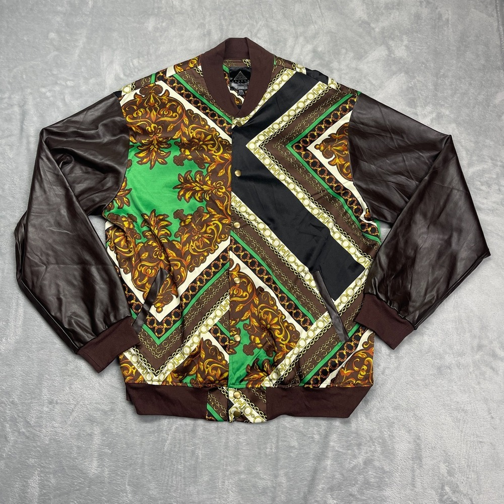 Flaucy Bomber Jacket Mens XXL Multicolor Baroque Chain Print Snap Front USA Made